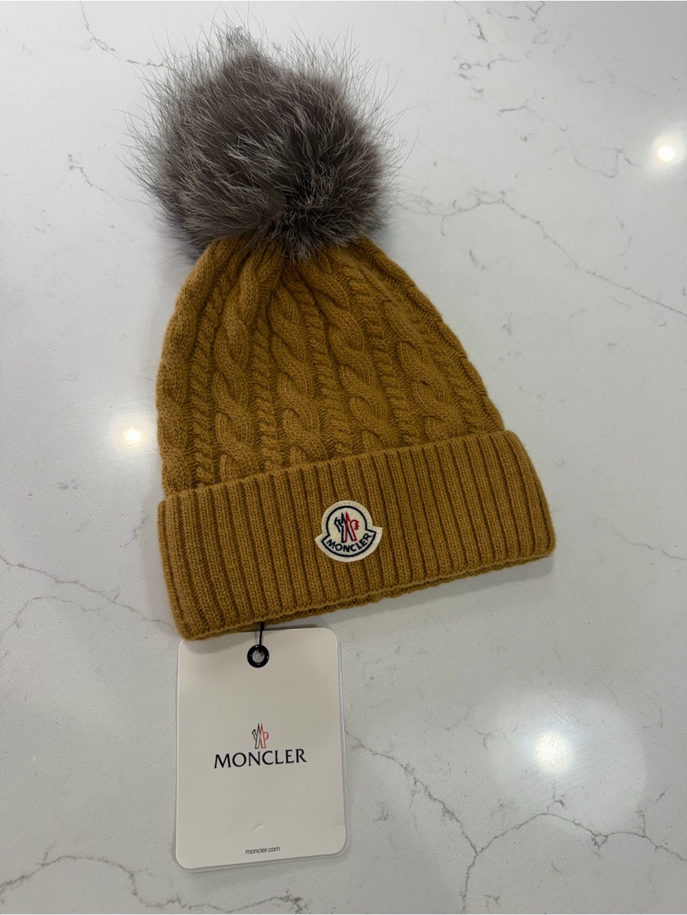 Moncler Women's Cable Knit Pom Beanie in beige with Fur Pom - NWT